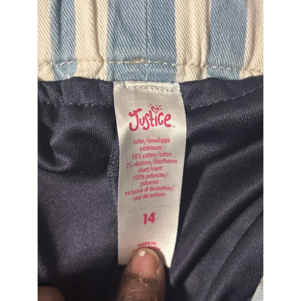 Justice Girls Blue White Striped Denim Paperbag Waist Skort Sz 14 Built-in Short